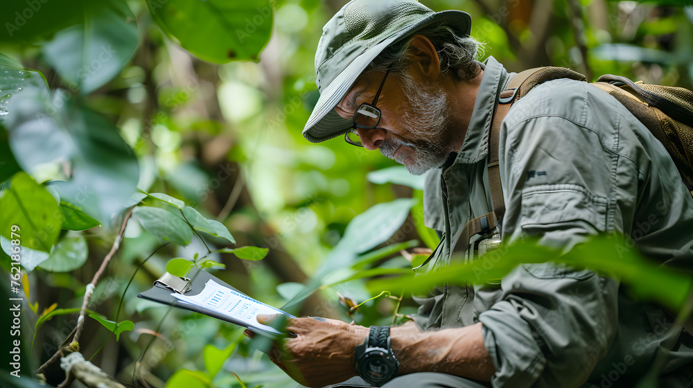 A male ecologist working in the forest