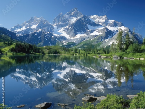 Lake's Reflection: Mirror-Like Lakes and Towering Peaks - Symmetrical Beauty in Mountain Reflections - Find tranquil serenity amidst mountain reflections, where mirror-like lakes mirror the towering 