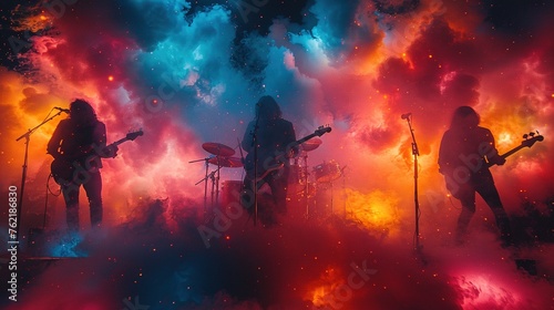 Rock band performing on stage on colorful background. Guitarist, bass guitar and drums on stage.