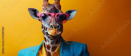 A fashionable giraffe in a blue suit and pink glasses poses with poise against a striking orange background