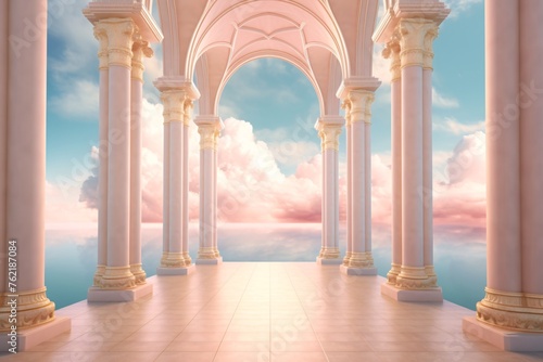 a pink and white archway with columns