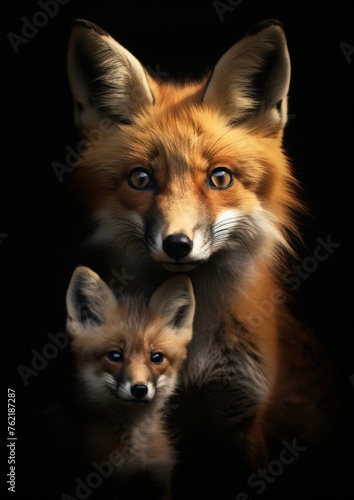A mother fox and small cub portrait, against a dark background  © robfolio