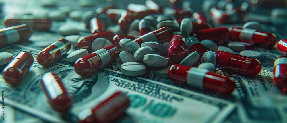 Capsules and syringes scattered over banknotes, a conceptual image hinting at healthcare costs - obrazy, fototapety, plakaty 