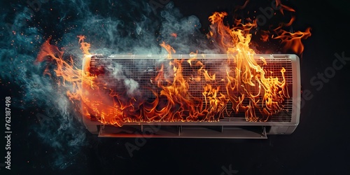 An air conditioner bursts into flames in an empty space  a 3D rendered concept of danger and destruction