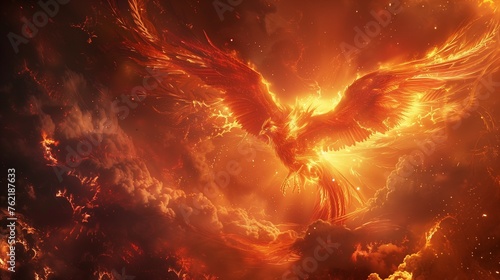 In the midst of a swirling storm, a powerful phoenix rises from the ashes, its fiery wings ablaze with an otherworldly light as it prepares to take flight. © Ayesha