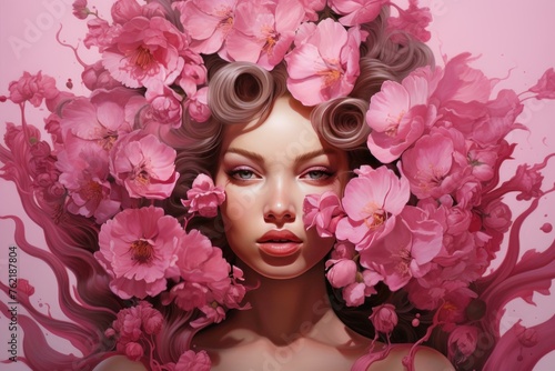 Radiant Pink flowers woman. Model happy. Generate Ai