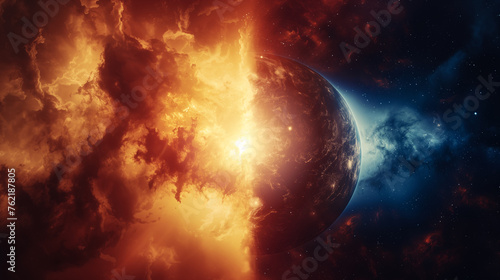 A representation of the cosmic moment described in Genesis, as God divides light from darkness, crafting the Earth against the backdrop of an infant universe.