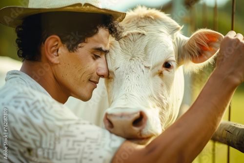 A man is holding a cow and smiling. The cow is white with brown spots. The man is wearing a straw hat. brazilian farmer young man peting a white cow