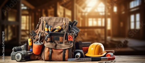 construction concept, tool kit for home construction builder, on wooden background photo