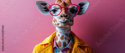 Creative animal concept. Giraffe glam fashionable couture high end outfits isolated on bright background advertisement, copy space. birthday party invite invitation banner