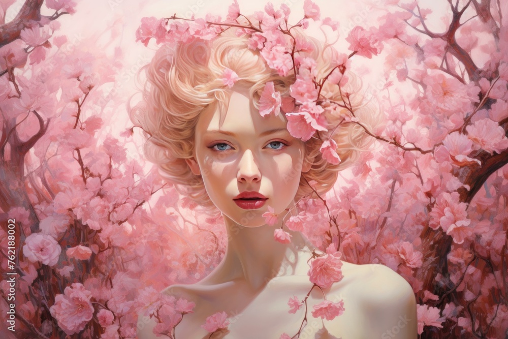 Feminine Pink garden woman. Beautiful girl with summer colorful flowers. Generate ai Feminine Pink garden woman. Beautiful girl with summer colorful flowers. Generate ai