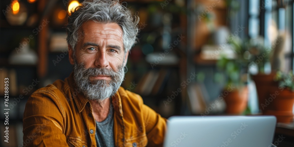 A handsome, senior businessman with a bearded, grey-haired appearance sits in a cafe with a laptop. A handsome, senior businessman with a bearded, grey-haired appearance sits in a cafe with a laptop.