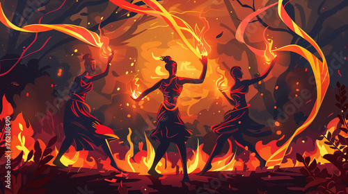 Beltane traditional fire dance. Flat illustration