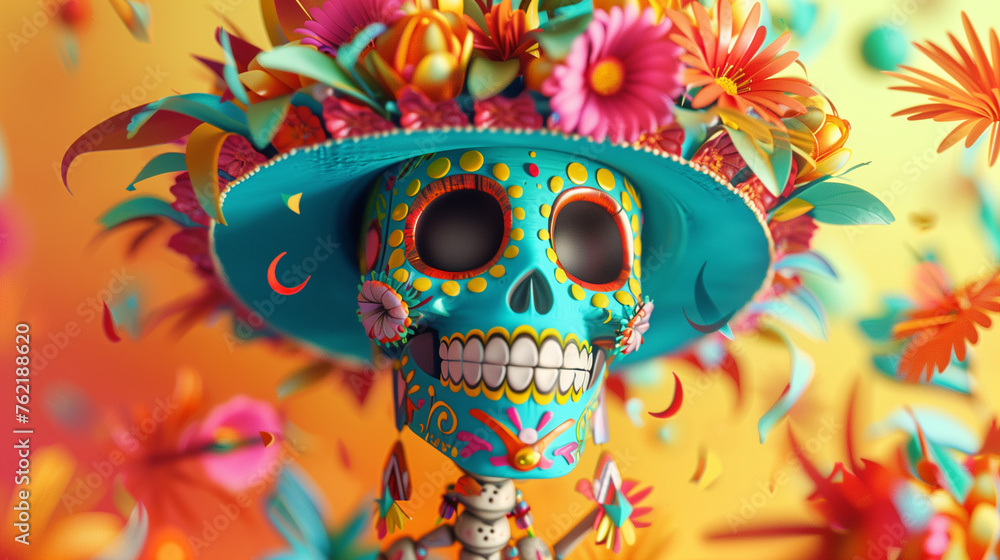 El dia de muertos celebration banner. Blue skull in the hat decorated with flowers. 16:9