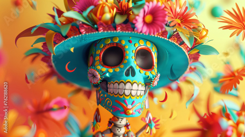 El dia de muertos celebration banner. Blue skull in the hat decorated with flowers. 16:9 photo