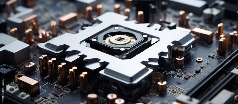 cpu mainboard hardware components and cooling fan with white PC case, copy space background cpu mainboard hardware components and cooling fan with white PC case, copy space background