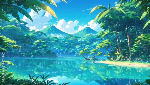 illustration of a tropical forest with a beautiful lake. landscape of tranquility. anime art style