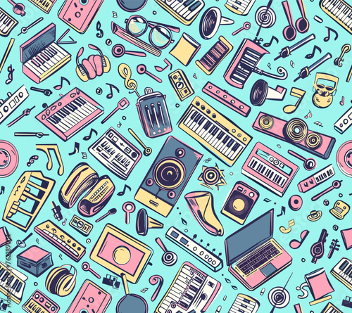 Seamless pattern illustration colorful with music and a variety of instruments.