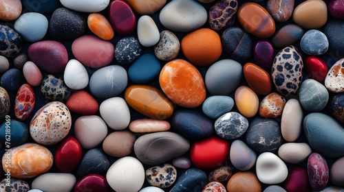 Top view, banner with multicolored colorful pebbles with different textures and patterns.