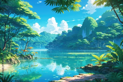 illustration of a tropical forest with a beautiful lake. landscape of tranquility. anime art style