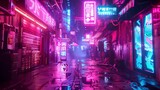 neon-lit alleyway in a cyberpunk city, where flickering holograms and digital graffiti adorn the walls, telling stories of rebellion and innovation.