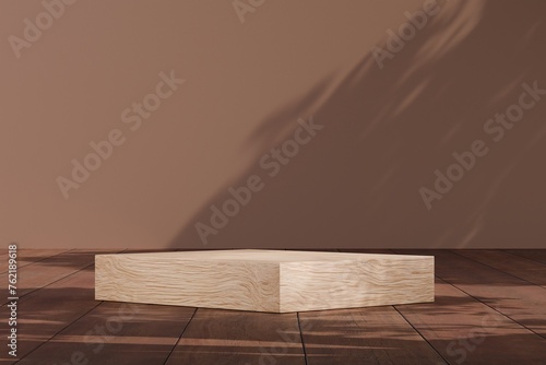 Obraz na plátne 3d Abstract beige room with realistic beige wood square pedestal podium set and leaf shadow overlay
