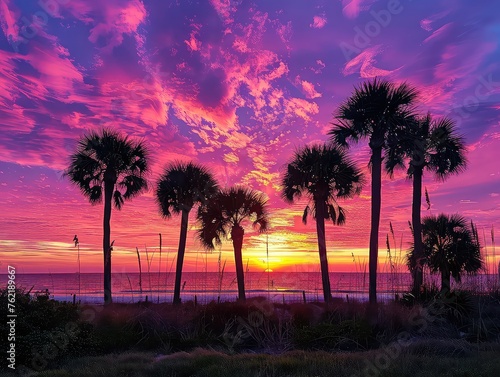 Coastal Serenity: Fiery Skies and Silhouetted Palms in Sunset Views - Serene Coastal Vistas in Coastal Sunset Views - Witness the breathtaking beauty of coastal sunset views, where fiery skies