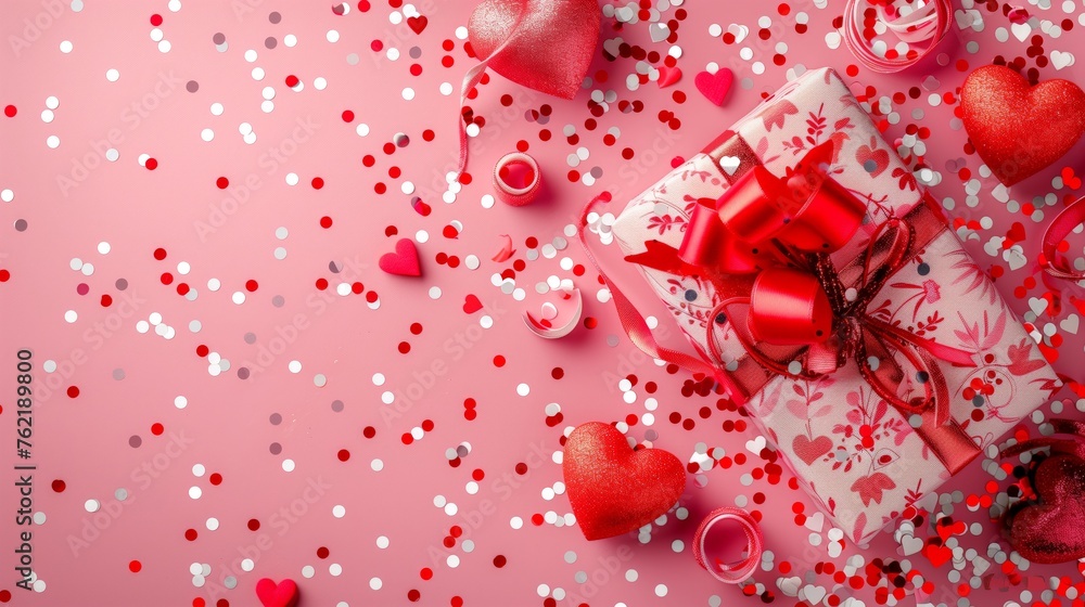 Layout for the holiday of Valentine's Day, gift, confetti and hearts, on a pink background with copy space. Layout for the holiday of Valentine's Day, gift, confetti and hearts, on a pink background with copy space.