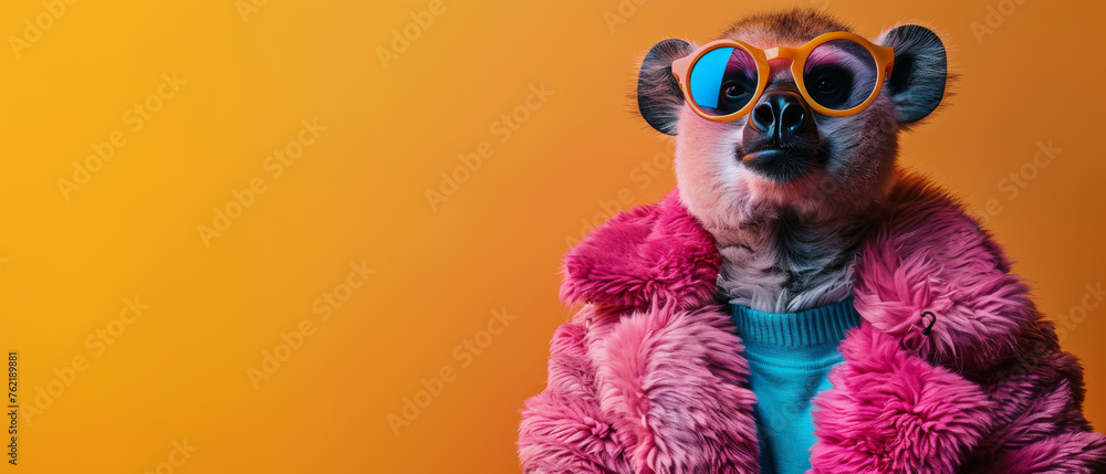 Striking portrait of a lemur dressed in a pink faux fur jacket and oversized sunglasses, against an orange backdrop
