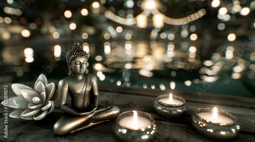 a buddha statue with flowers and a candle in the background