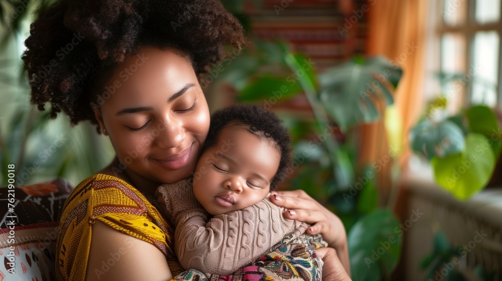 Fototapeta premium Loving mom carying of her newborn baby at home. Bright portrait of happy mum holding sleeping infant child on hands 