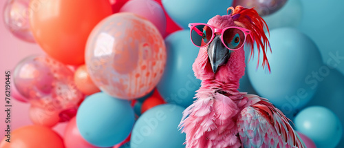 A vibrant pink parrot donning stylish sunglasses surrounded by blue and pink balloons