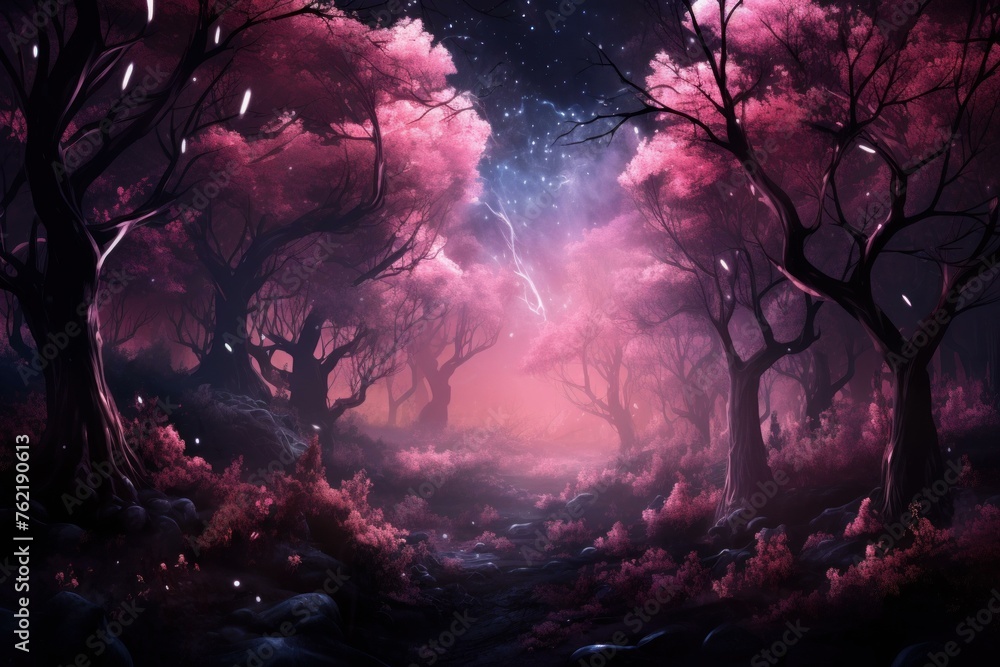 Vibrant Pink night forest. Tree fairy. Generate Ai