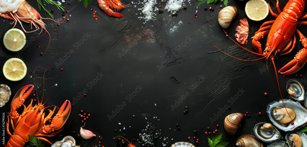 Lobster and mussels arranged artistically on a black slate with herbs and spices.