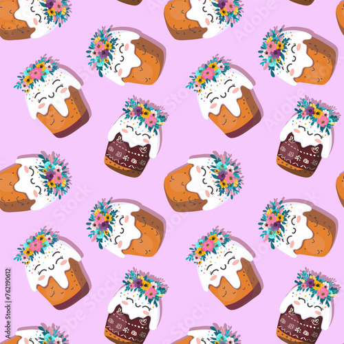 Easter kulich with a wreath of flowers. On light background for cards, banners, textiles. Vector illustration.
