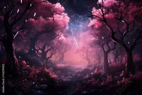 Vibrant Pink night forest. Tree fairy. Generate Ai © juliars