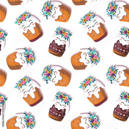 Easter kulich with a wreath of flowers. On light background for cards, banners, textiles. Vector illustration.
