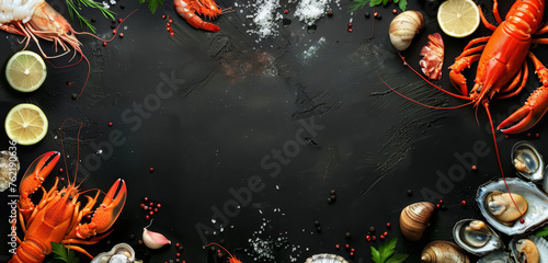 Lobster and mussels arranged artistically on a black slate with herbs and spices.