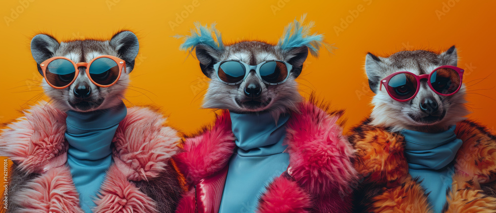 Three raccoons dressed in vibrant jackets and sunglasses posing on an orange backdrop, showcasing style and attitude