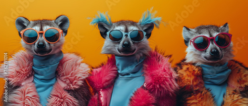 Three raccoons dressed in vibrant jackets and sunglasses posing on an orange backdrop, showcasing style and attitude