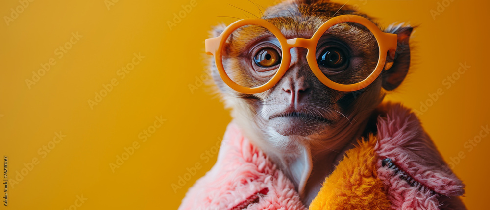 The focus is on trendy accessories as a giraffe is fashionably obscured behind a square color block The focus is on trendy accessories as a giraffe is fashionably obscured behind a square color block
