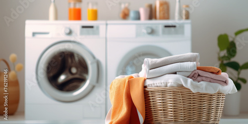 Concept Washing colorful clothes in the laundry room or at home. Washing machine and basket with dirty or clean colored clothes