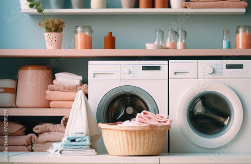 Concept Washing colorful clothes in the laundry room or at home. Washing machine and basket with dirty or clean colored clothes