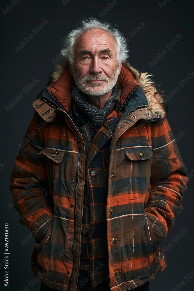 Obraz premium Elderly man smiling at camera. A close-up portrait of an elderly, man with a warm smile, wearing fashionable clothes.