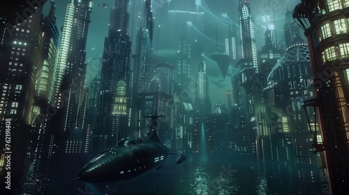 the depths of an underwater metropolis  where sleek submarines glide silently past towering skyscrapers  illuminated by the soft  blue glow of bioluminescent sea life.