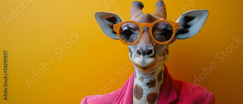 A giraffe stands out in a vibrant pink jacket against a bold orange backdrop, bringing a pop of color and fun