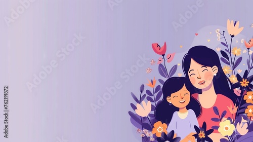 Mother's Day Happy Mother and Daughter on a Purple Banner with Space for Copy