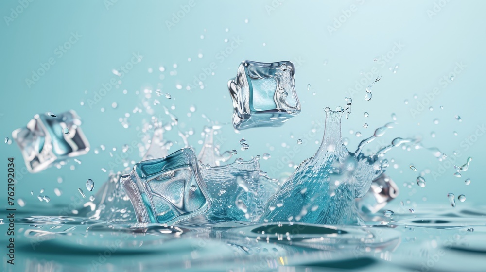 A dynamic illustration featuring water splashes and ice cubes, rendered with transparent 3D effects A dynamic illustration featuring water splashes and ice cubes, rendered with transparent 3D effects