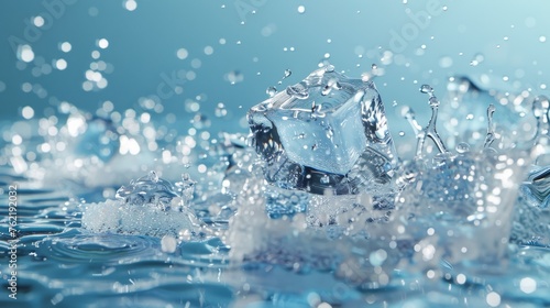 A dynamic illustration featuring water splashes and ice cubes, rendered with transparent 3D effects