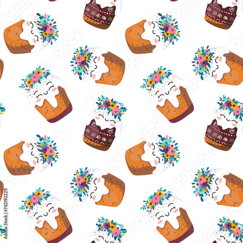 Easter kulich with a wreath of flowers. On light background for cards, banners, textiles. Vector illustration.
